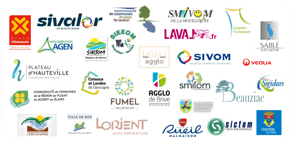 Logos des clients du Maitre Trieur Sauveteur : Sivalor, Smitom, Sirtom, Sieeom, Smivom, cotentin traitement, veolia ; les villes de Laval, Fumel, villeneuve-sur-lot, Brive, Beauziac, Combs, Boé..