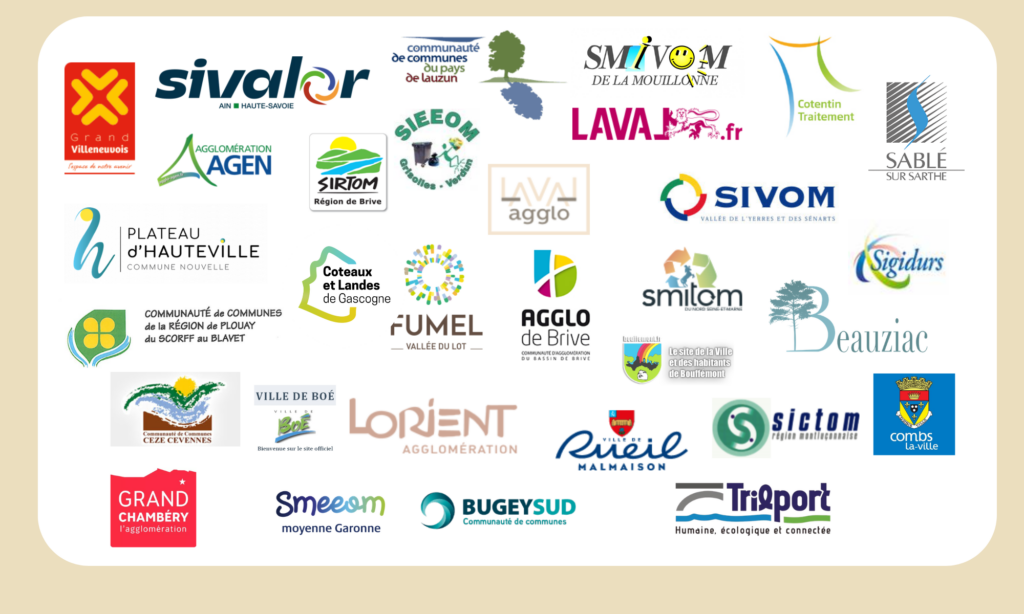 Logos des clients du Maitre Trieur Sauveteur : Sivalor, Smitom, Sirtom, Sieeom, Smivom, cotentin traitement, veolia ; les villes de Laval, Fumel, villeneuve-sur-lot, Brive, Beauziac, Combs, Boé..